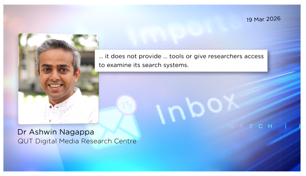 screenshot of ABC Media Watch with photo of Dr Ashwin Nagappa, with a quote - ".. it does not provide.. tools or give researchers to examine search systems"